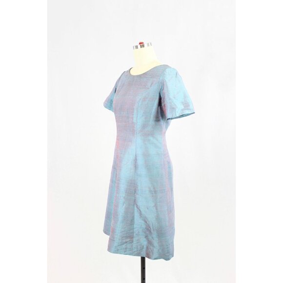 Vintage 60's Unbranded Iridescent Blue Teal Dupioni Silk A-Line Dress, Size S - Picture 4 of 11